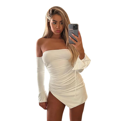 Sexy Off Shoulder Long Sleeve Pleated Tight Fit Dress for Women Party Club Evening